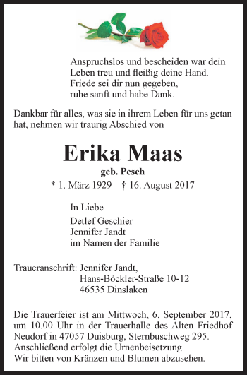 Traueranzeigen Von Erika Maas Trauer In NRW De