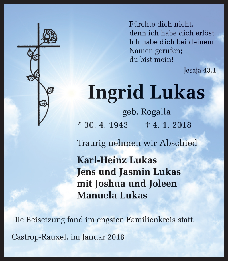 Traueranzeigen Von Ingrid Lukas Trauer In NRW De