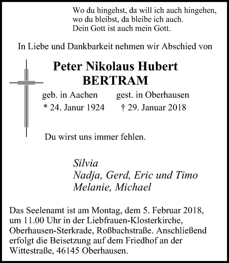 Traueranzeigen Von Peter Nikolaus Hubert Bertram Trauer In Nrw De