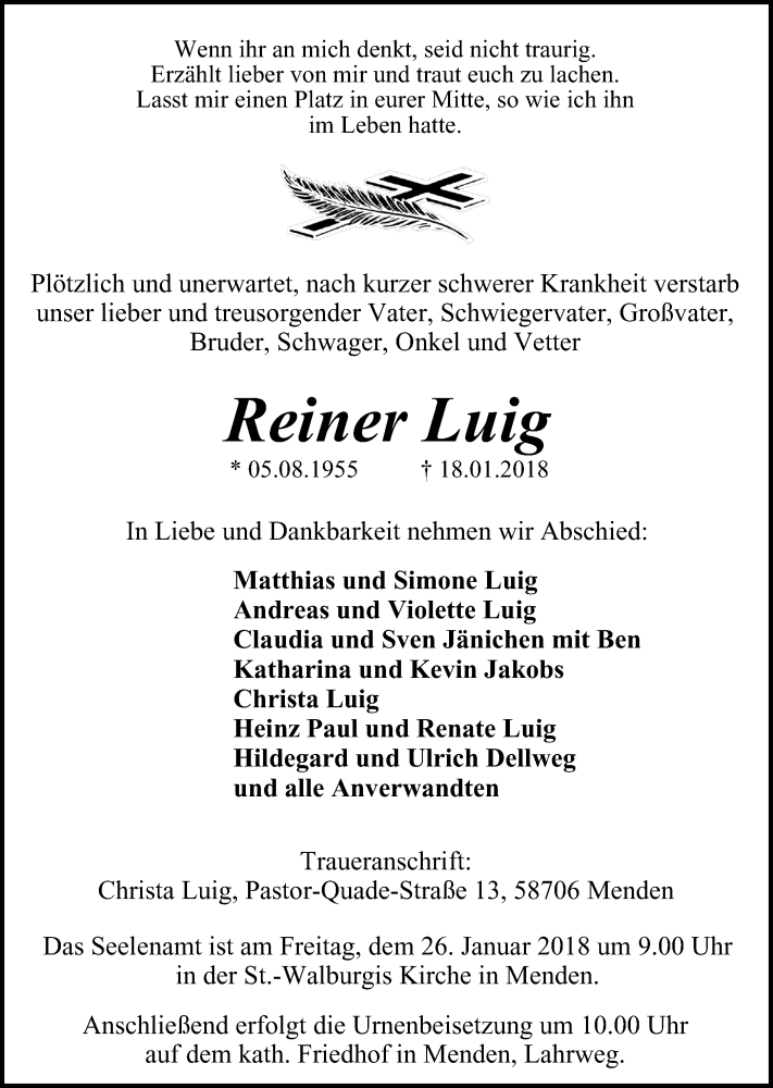 Traueranzeigen Von Reiner Luig Trauer In NRW De