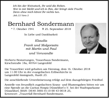 Traueranzeigen Von Bernhard Sondermann Trauer In Nrw De