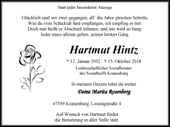 Traueranzeigen Von Hartmut Hintz Trauer In Nrw De