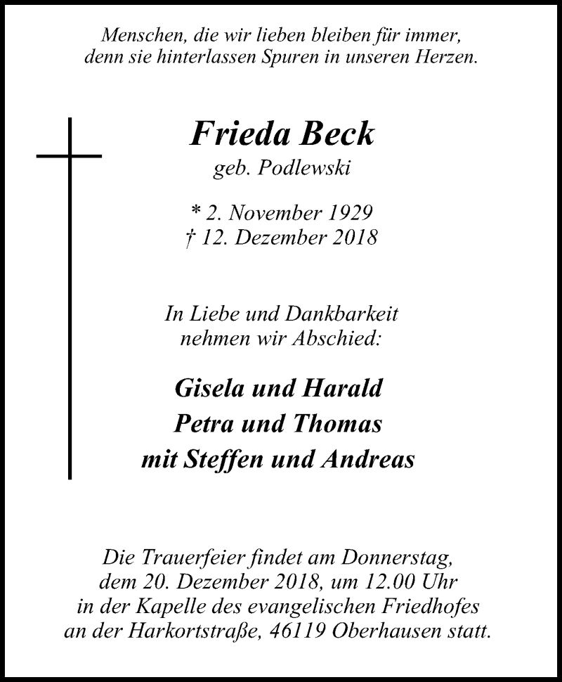 Traueranzeigen Von Frieda Beck Trauer In Nrw De