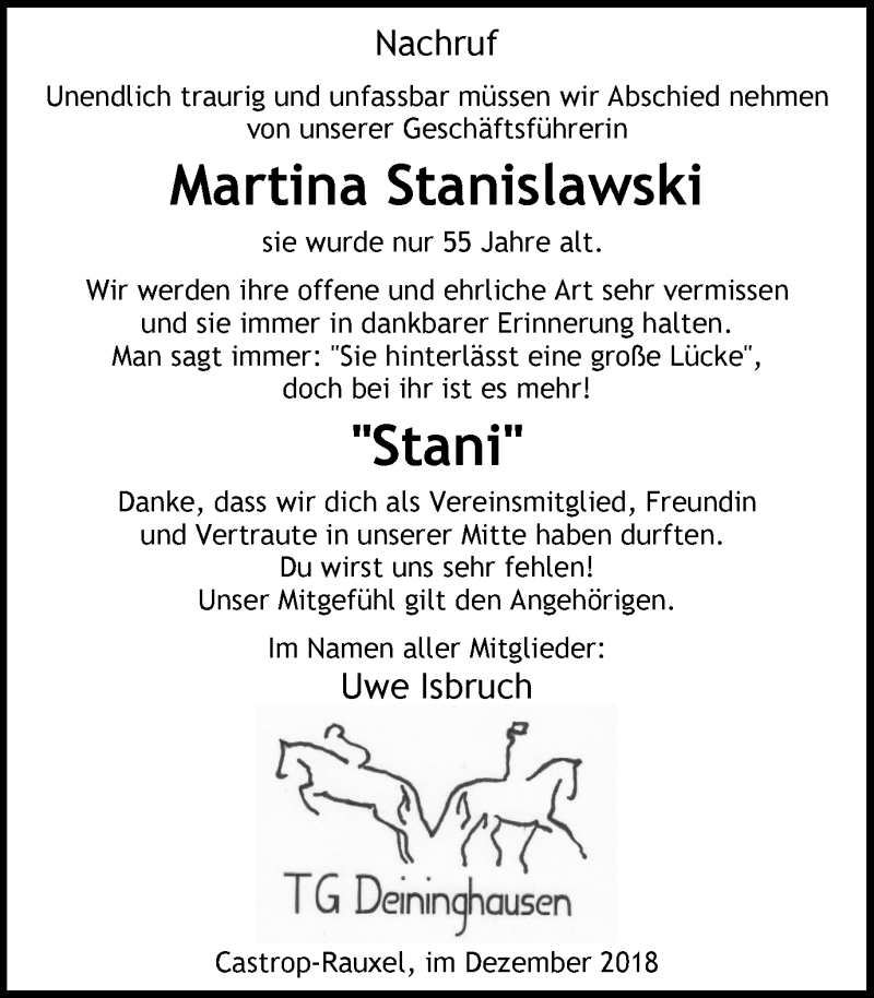 Traueranzeigen Von Martina Stanislawski Trauer In Nrw De