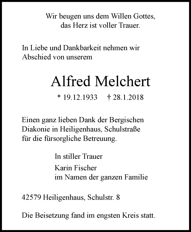 Traueranzeigen Von Alfred Melchert Trauer In Nrw De