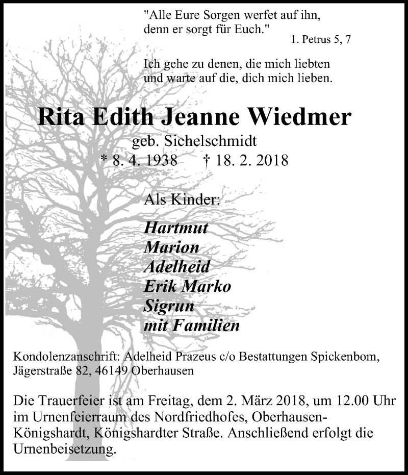 Traueranzeigen Von Rita Edith Jeanne Wiedmer Trauer In Nrw De