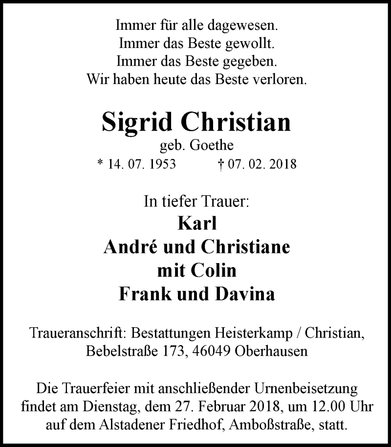 Traueranzeigen Von Sigrid Christian Trauer In NRW De