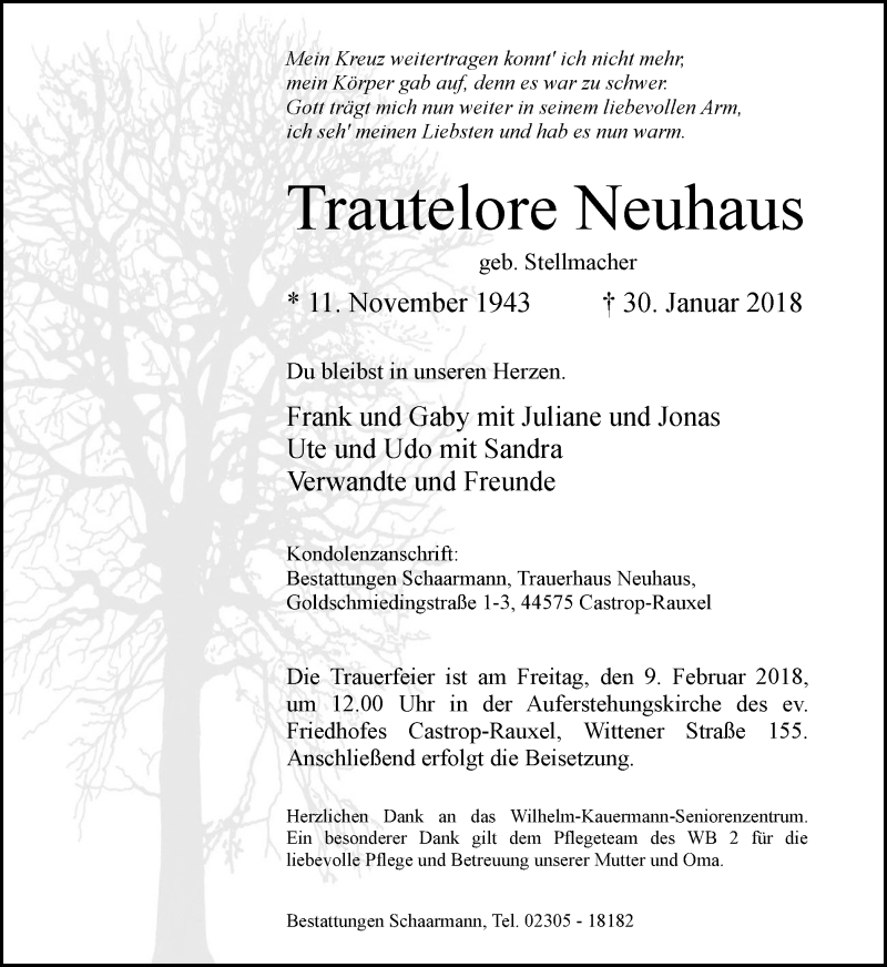 Traueranzeigen Von Trautelore Neuhaus Trauer In NRW De