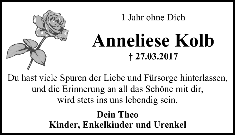 Traueranzeigen Von Anneliese Kolb Trauer In Nrw De