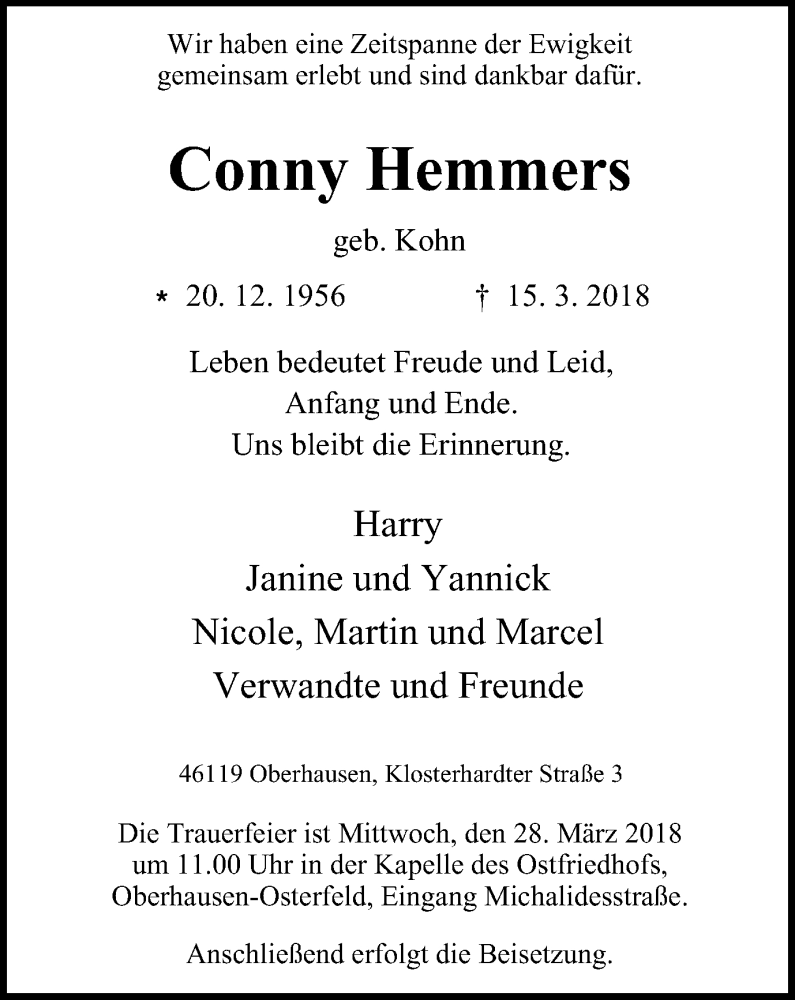 Traueranzeigen Von Conny Hemmers Trauer In NRW De