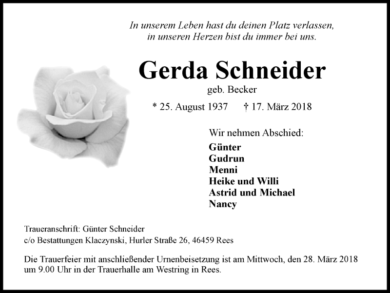 Traueranzeigen Von Gerda Schneider Trauer In NRW De