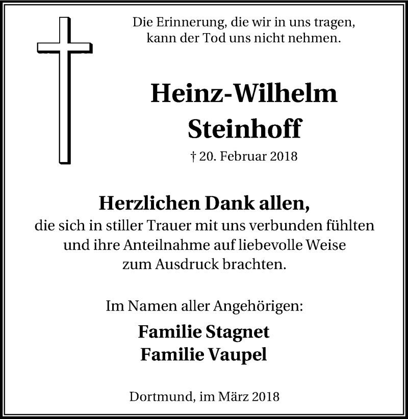 Traueranzeigen Von Heinz Wilhelm Steinhoff Trauer In Nrw De