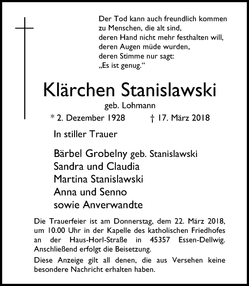 Traueranzeigen Von Kl Rchen Stanislawski Trauer In Nrw De