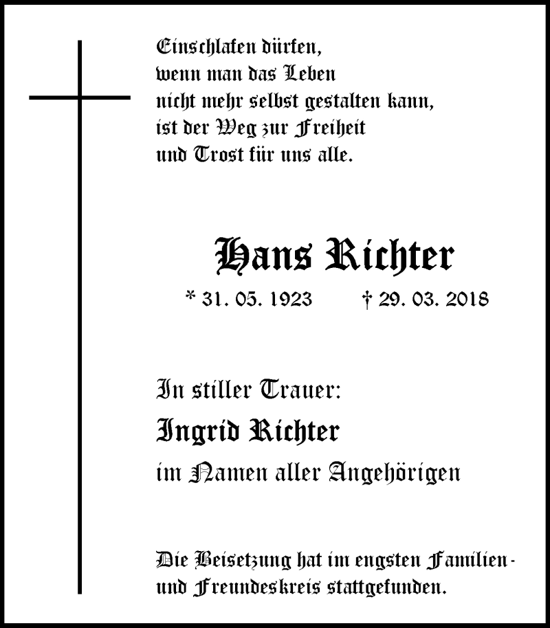 Traueranzeigen Von Hans Richter Trauer In NRW De