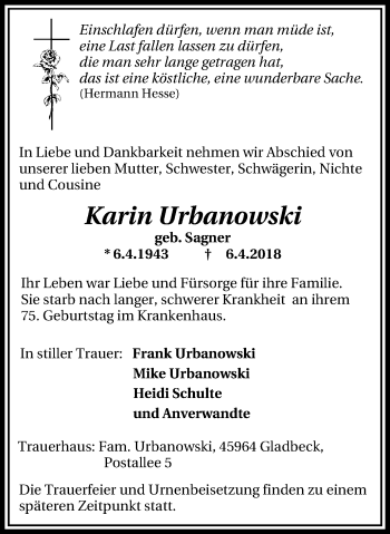 Traueranzeigen Von Karin Urbanowski Trauer In Nrw De