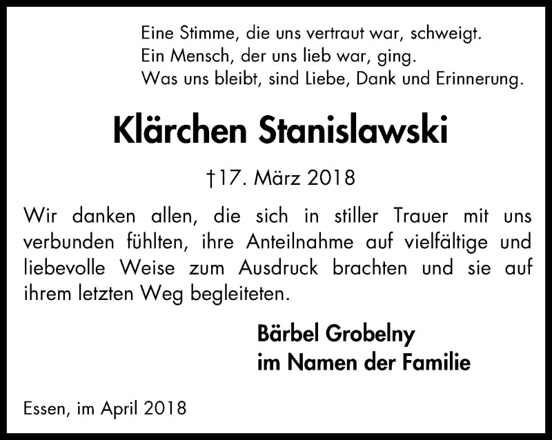 Traueranzeigen von Klärchen Stanislawski Trauer in NRW de