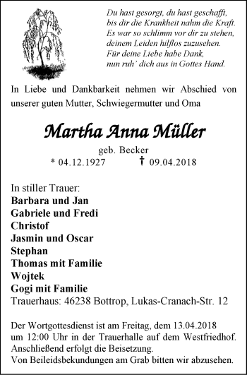 Traueranzeigen von Martha Anna Müller Trauer in NRW de