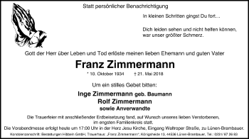 Traueranzeigen Von Franz Zimmermann Trauer In Nrw De