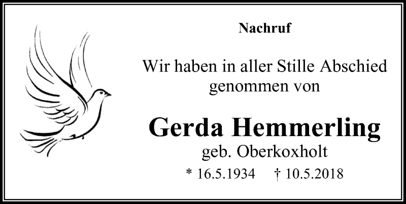 Traueranzeigen Von Gerda Hemmerling Trauer In Nrw De