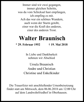 Traueranzeige von Walter Braunisch von Wochen-Anzeiger Oberhausen