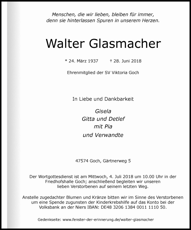 Traueranzeigen Von Walter Glasmacher Trauer In NRW De