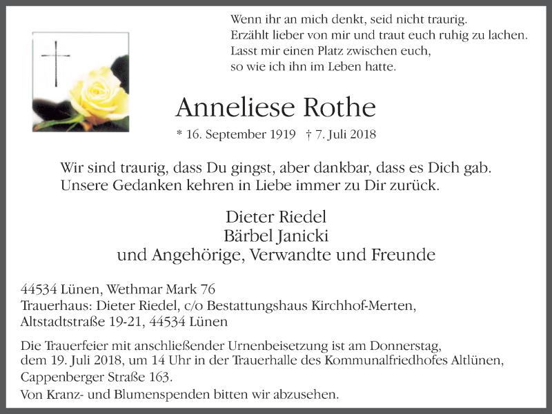 Traueranzeigen Von Anneliese Rothe Trauer In Nrw De