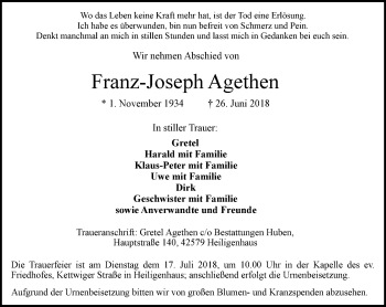 Traueranzeigen Von Franz Joseph Agethen Trauer In NRW De