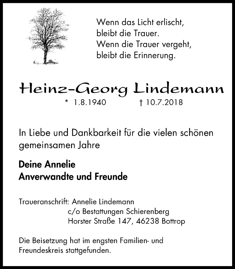 Traueranzeigen Von Heinz Georg Lindemann Trauer In Nrw De