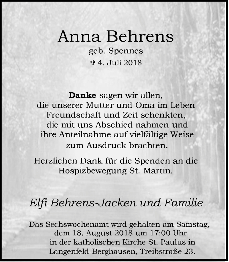 Traueranzeigen Von Anna Behrens Trauer In NRW De