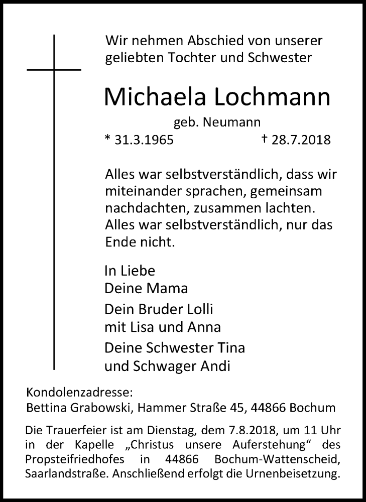 Traueranzeigen Von Michaela Lochmann Trauer In Nrw De