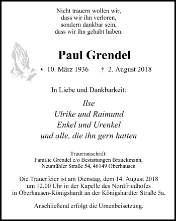 Traueranzeigen Von Paul Grendel Trauer In Nrw De