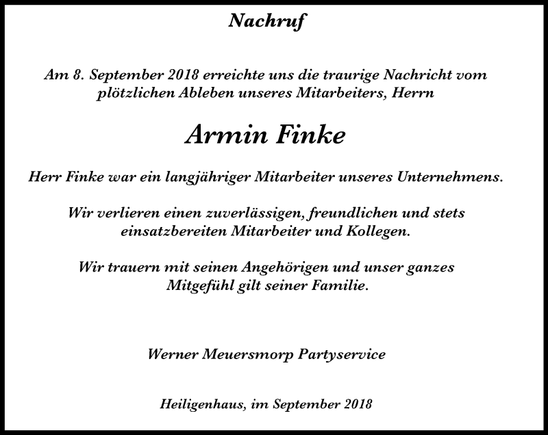 Traueranzeigen Von Armin Finke Trauer In Nrw De