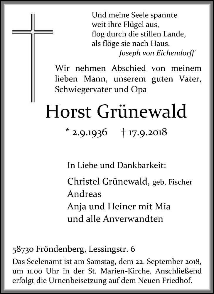 Traueranzeigen von Horst Grünewald Trauer in NRW de