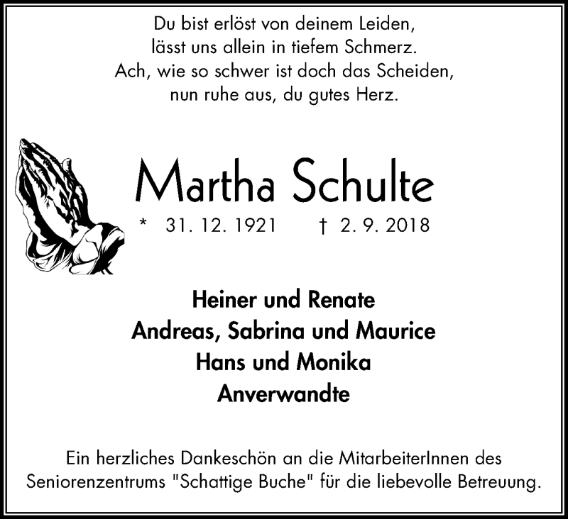 Traueranzeigen Von Martha Schulte Trauer In Nrw De