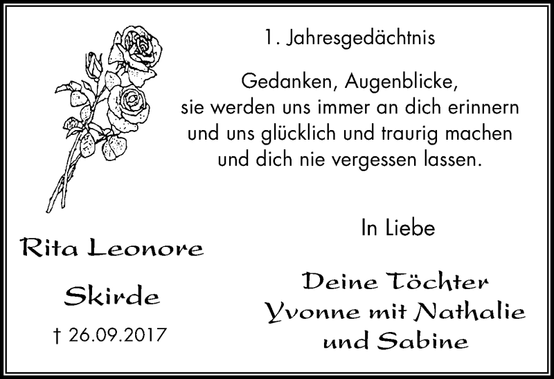 Traueranzeigen Von Rita Leonore Skirde Trauer In NRW De