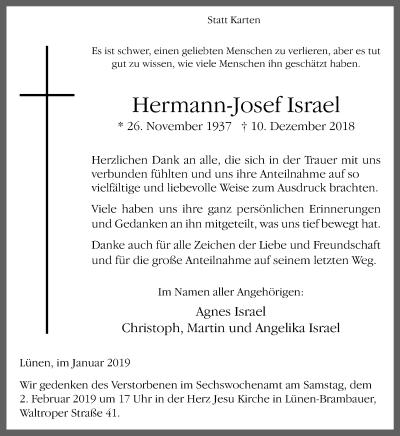 Traueranzeigen Von Hermann Josef Israel Trauer In NRW De