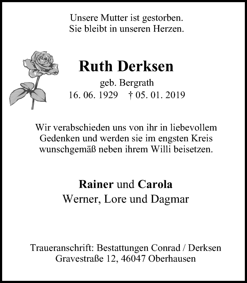 Traueranzeigen Von Ruth Derksen Trauer In NRW De