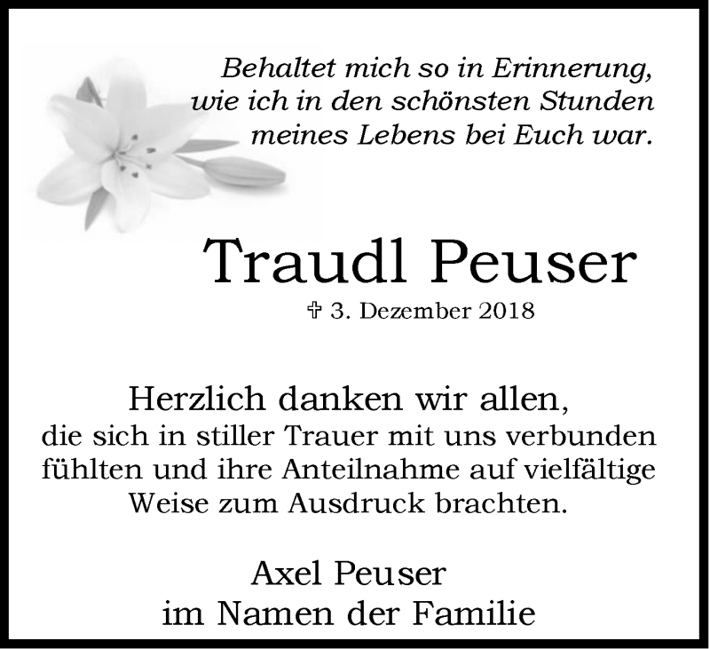 Traueranzeigen Von Traudl Peuser Trauer In Nrw De