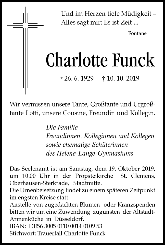 Traueranzeigen Von Charlotte Funck Trauer In Nrw De