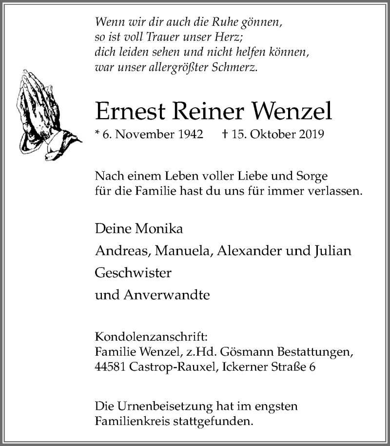 Traueranzeigen Von Ernest Reiner Wenzel Trauer In NRW De