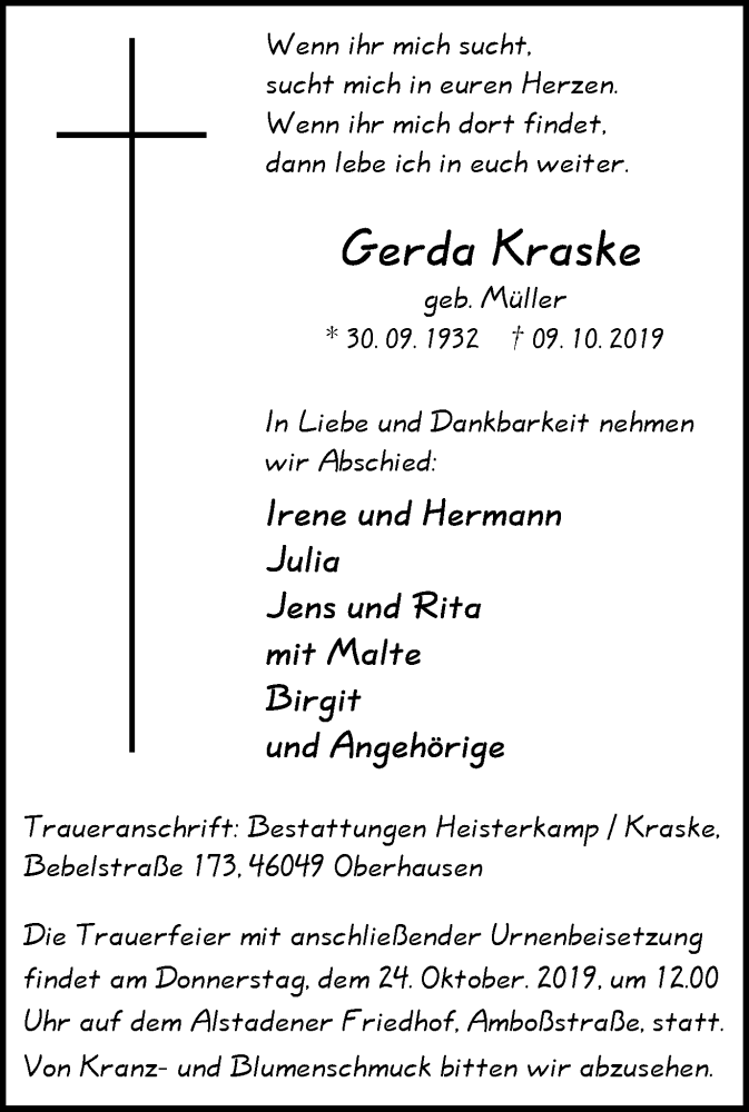 Traueranzeigen Von Gerda Kraske Trauer In Nrw De