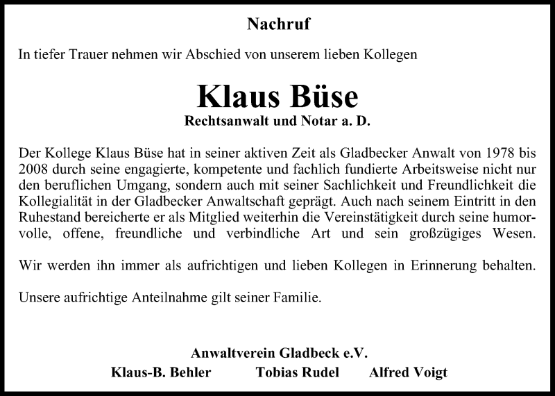 Traueranzeigen von Klaus Conny Büse Trauer in NRW de