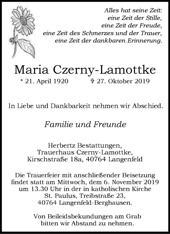 Traueranzeigen Von Maria Czerny Lamottke Trauer In Nrw De