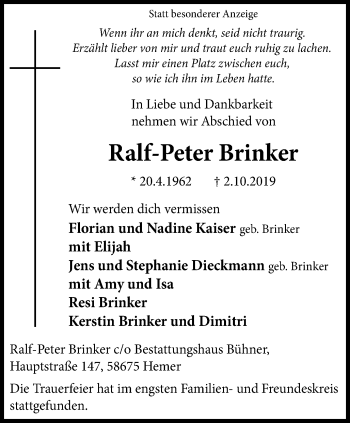 Traueranzeigen Von Ralf Peter Brinker Trauer In NRW De