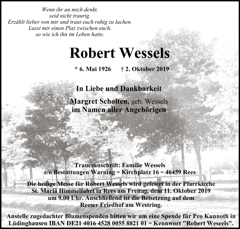 Traueranzeigen Von Robert Wessels Trauer In Nrw De