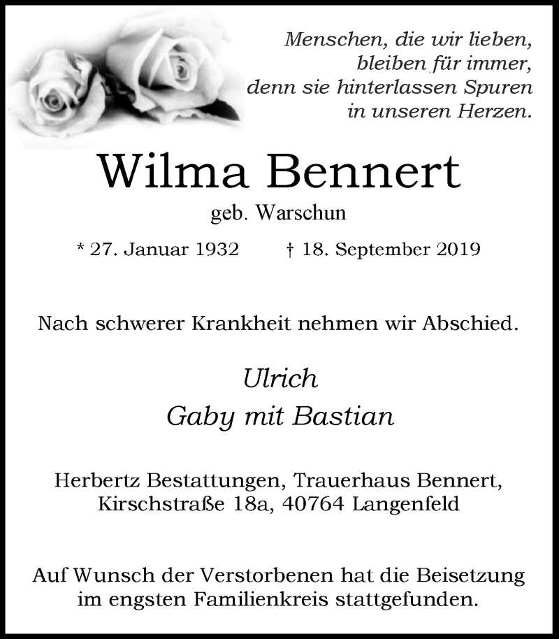 Traueranzeigen Von Wilma Bennert Trauer In Nrw De