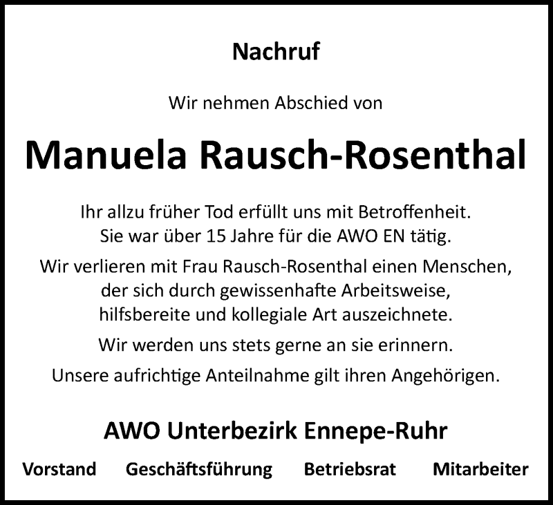 Traueranzeigen Von Manuela Rausch Rosenthal Trauer In NRW De