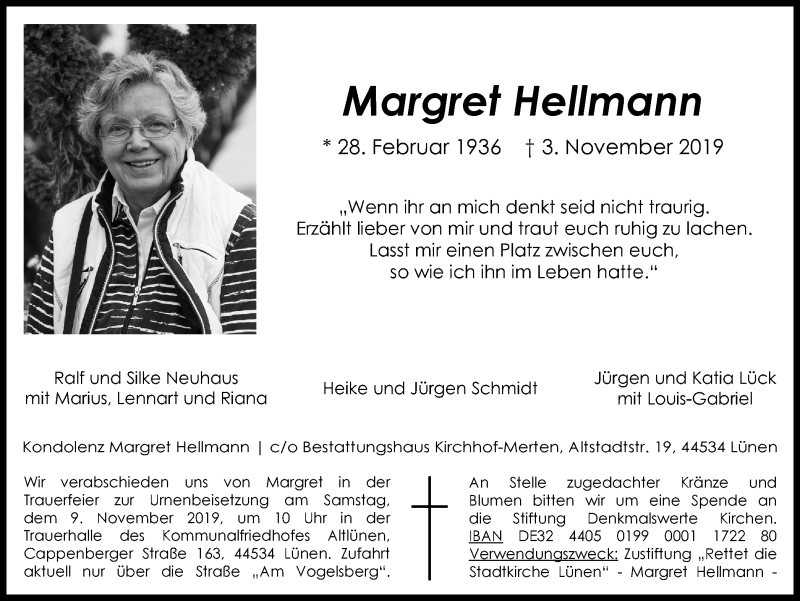 Traueranzeigen Von Margrret Hellmann Trauer In Nrw De