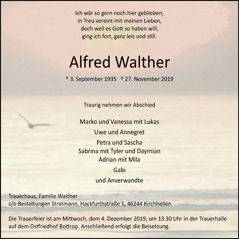 Traueranzeigen Von Alfred Walther Trauer In Nrw De