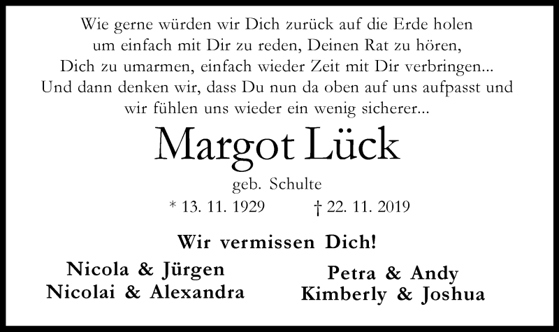 Traueranzeigen von Margot Lück Trauer in NRW de